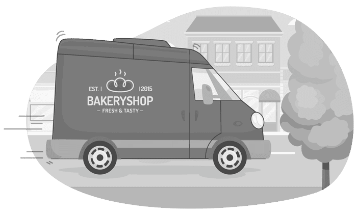 Cartoon Bakery Delivery Van Driving down a city street
