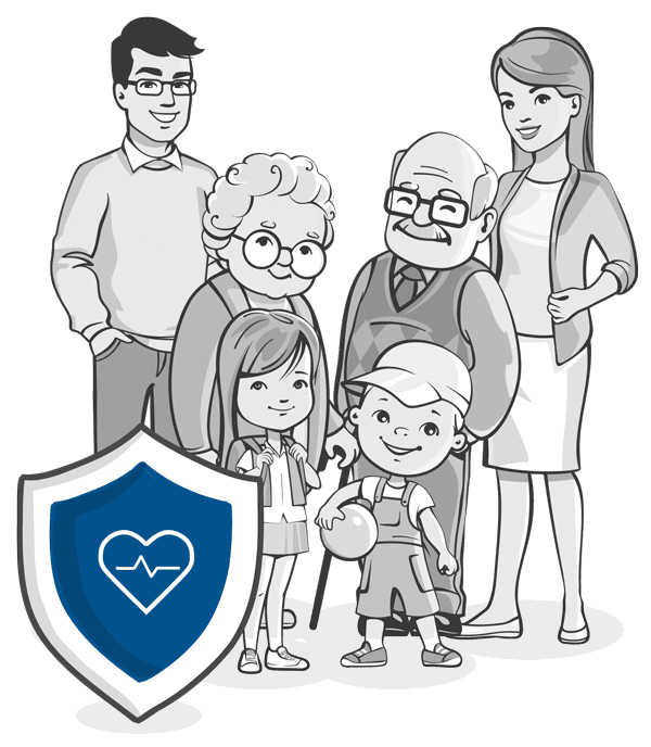Cartoon of a multi Generational Family with a health Insurance Shield