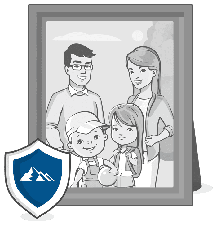 Cartoon Family Picture with a shield protecting it with the logo from Blue Mountain Insurance on it
