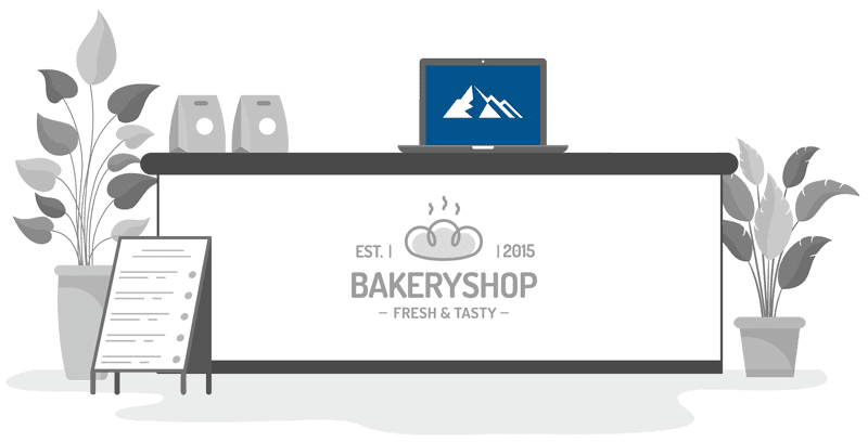 Cartoon depiction of a bakery counter with a laptop open showing the Blue Mountain Insurance Logo