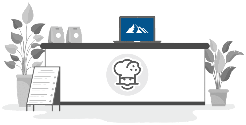 Cartoon depiction of a Crumbl counter with a laptop open showing the Blue Mountain Insurance Logo